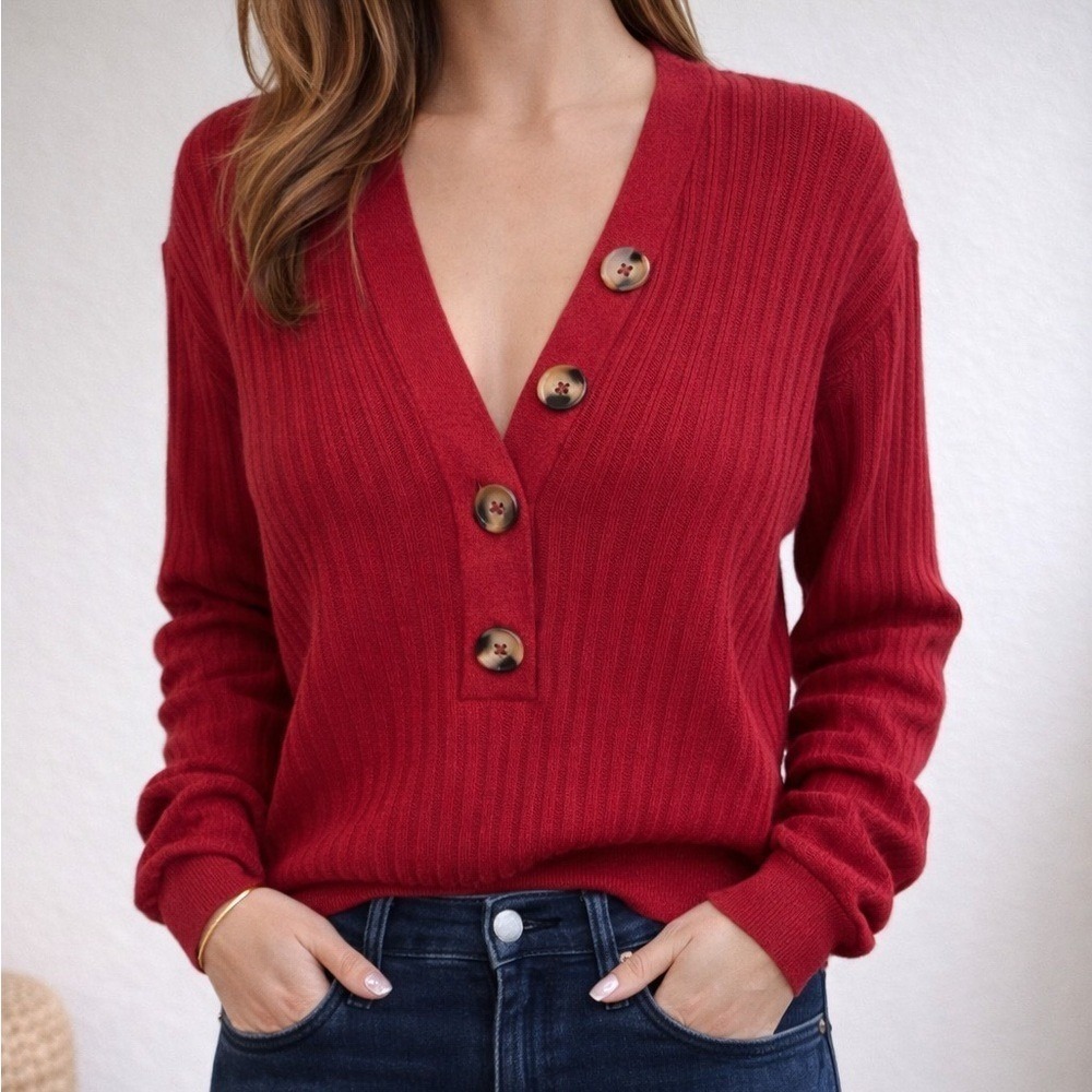 Pilcro Anthropologie Red Ribbed Henley V-Neck Button Sweater XL